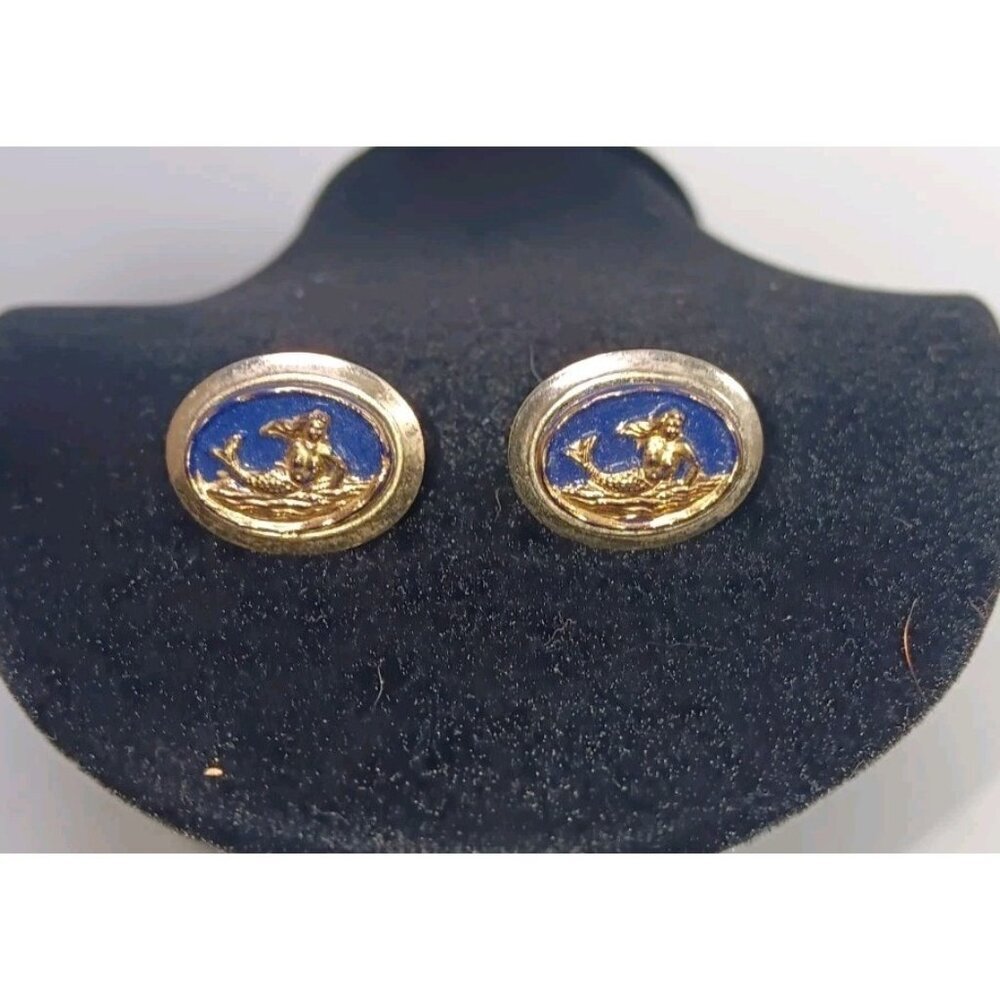 Vintage Rare Mid-Century Blue Gold Mermaid Cufflinks